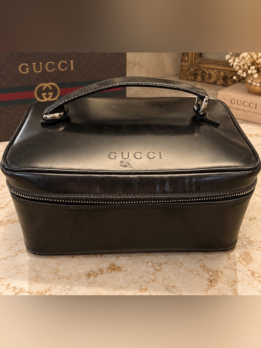 Vintage GUCCI Black Patent Leather Bamboo Vanity Cosmetic Case Bag
